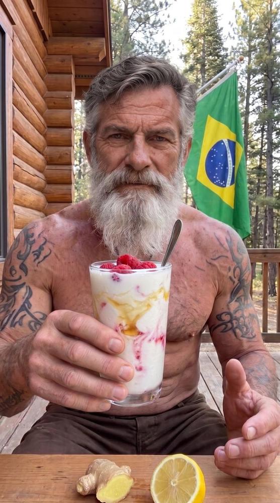 O velho marinheiro segurando um copo de iogurte com framboesas e mel