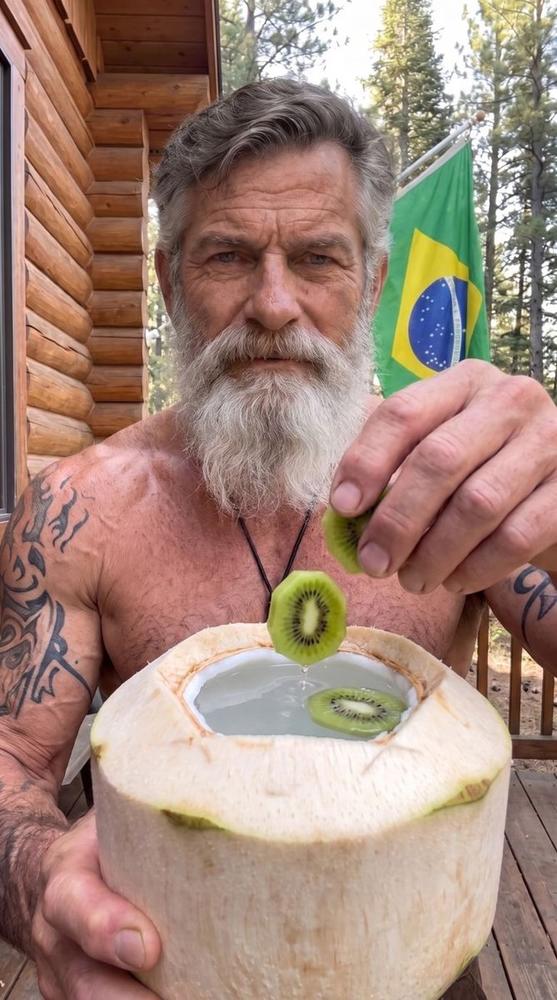 O velho marinheiro colocando rodelas de kiwi em um coco fresco