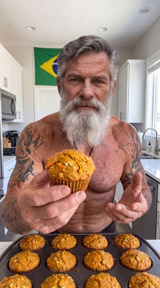 O velho marinheiro segurando um muffin de cenoura e aveia